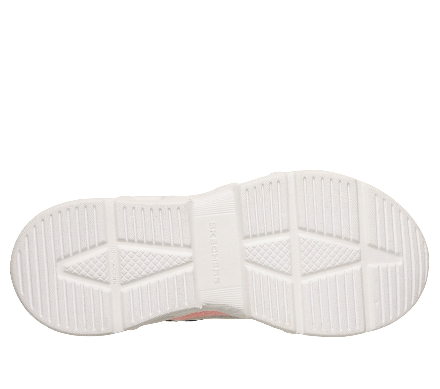 Skechers Glide Step Drift Zor trainer in black orange and silver with a Velcro strap and white sole. View of sole. 