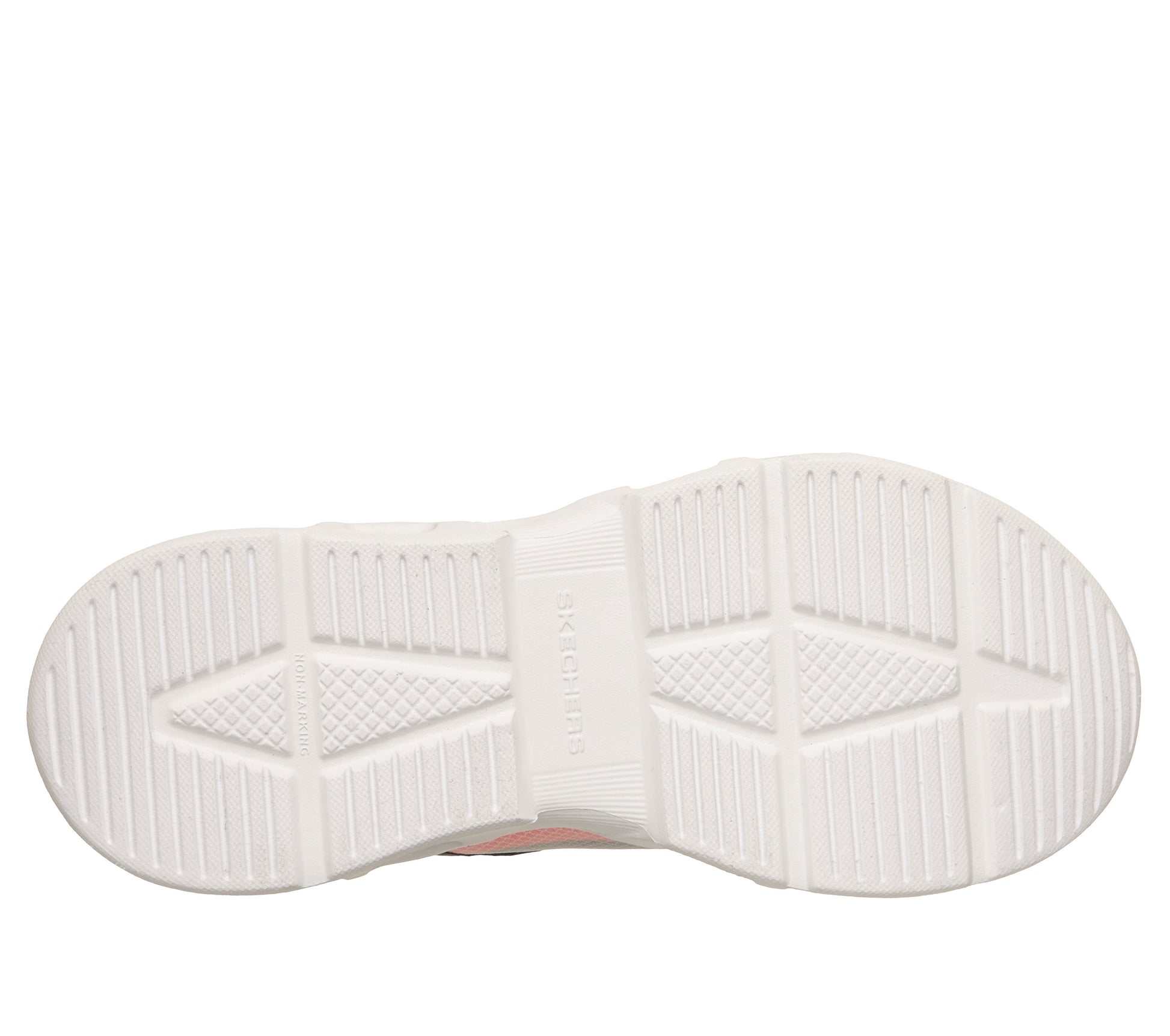 Skechers Glide Step Drift Zor trainer in black orange and silver with a Velcro strap and white sole. View of sole. 