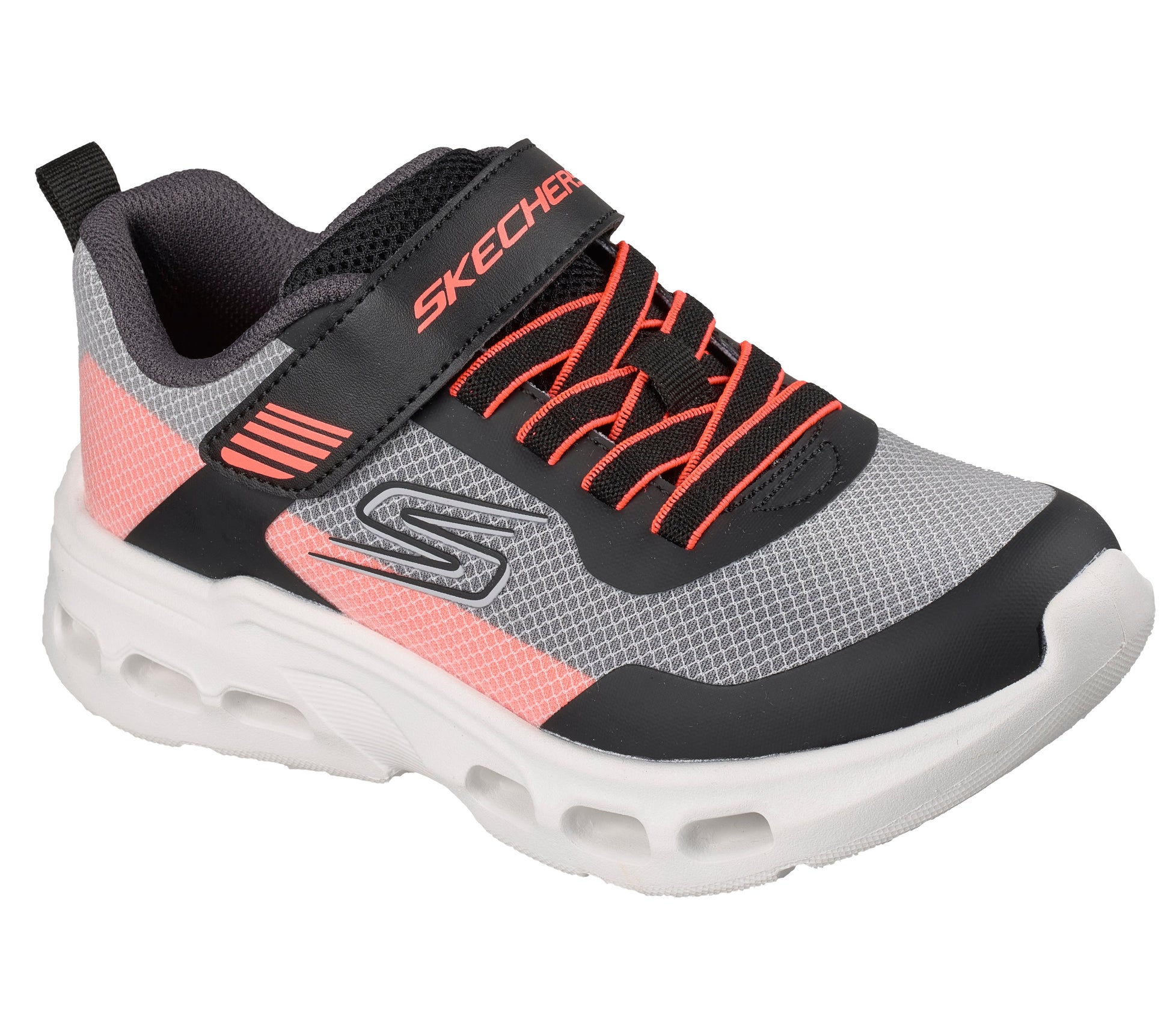 Skechers Glide Step Drift Zor trainer in black orange and silver with a Velcro strap and white sole. Front right view. 