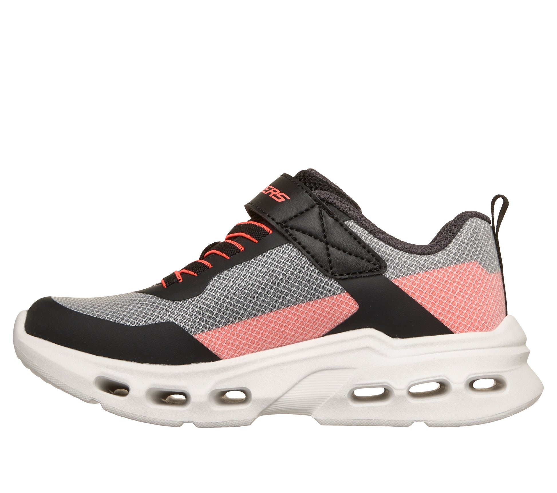 Skechers Glide Step Drift Zor trainer in black orange and silver with a Velcro strap and white sole. Inner right side view.
