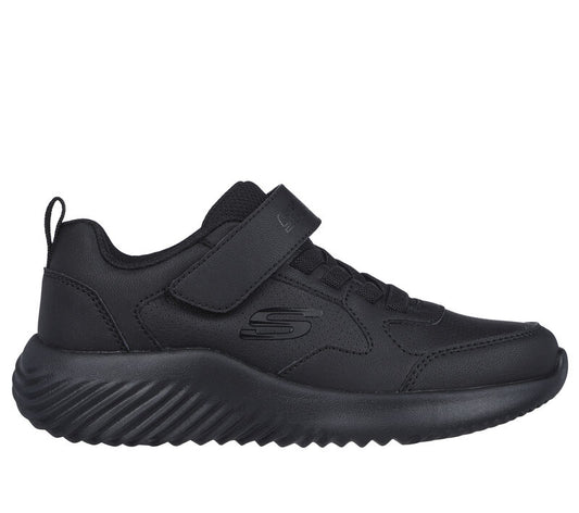 A unisex trainer by Skechers, style Power Study, in black synthetic with single velcro fastening. Right side view.