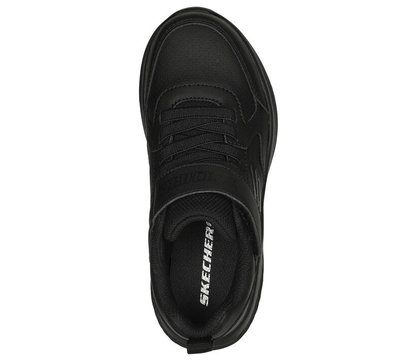 A unisex trainer by Skechers, style Power Study, in black synthetic with single velcro fastening. Above view.