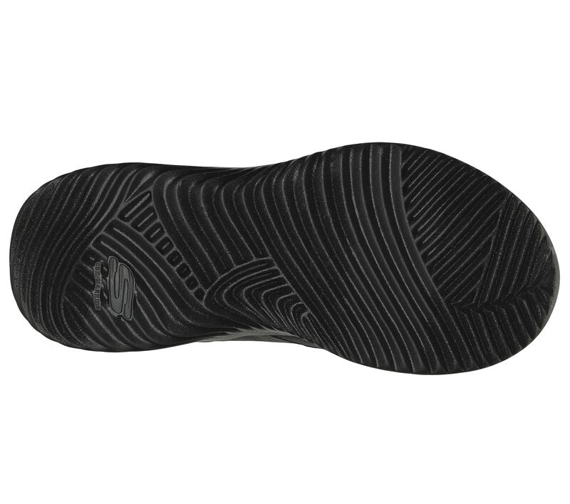 A unisex trainer by Skechers, style Power Study, in black synthetic with single velcro fastening. View of sole.