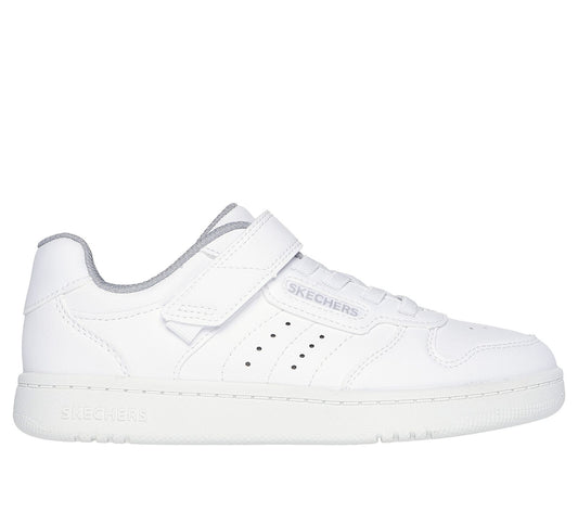 Skechers Quick Street, a sporty white trainer with grey lining, featuring the Skechers logo. Velcro fastening with flat stretch bungee laces. Right side view.