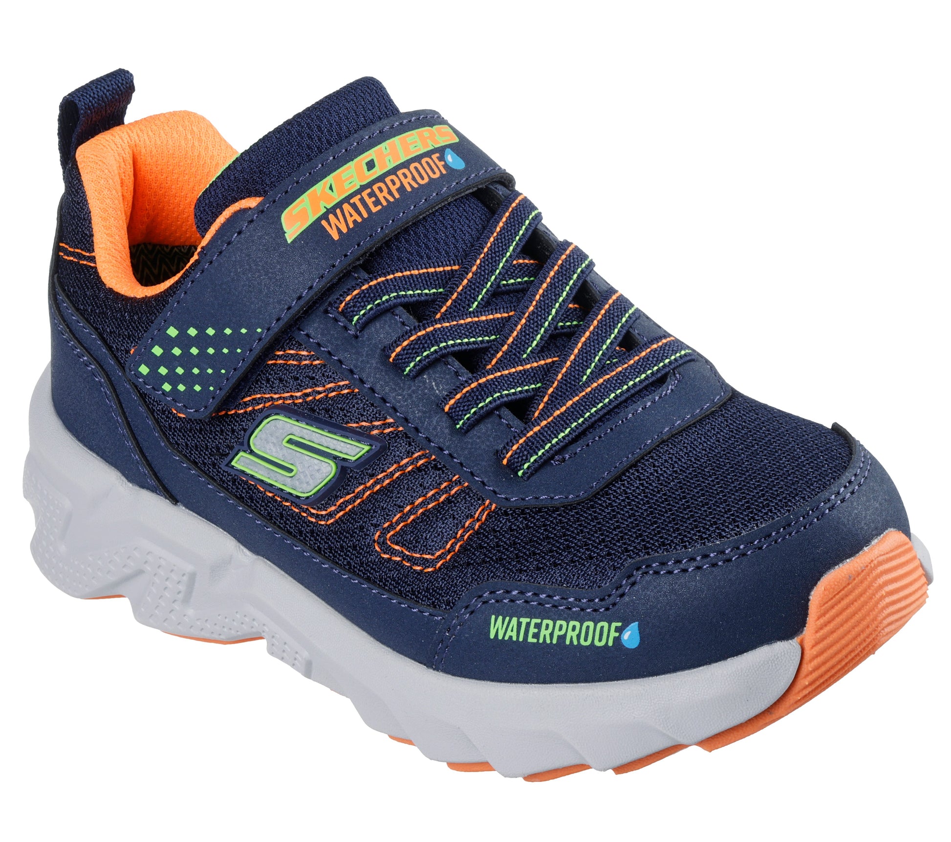 A boys casual waterproof trainer by Skechers, style Elite Sport Tread Aquavek 406334L in navy and orange with velcro fastening. Right side view.