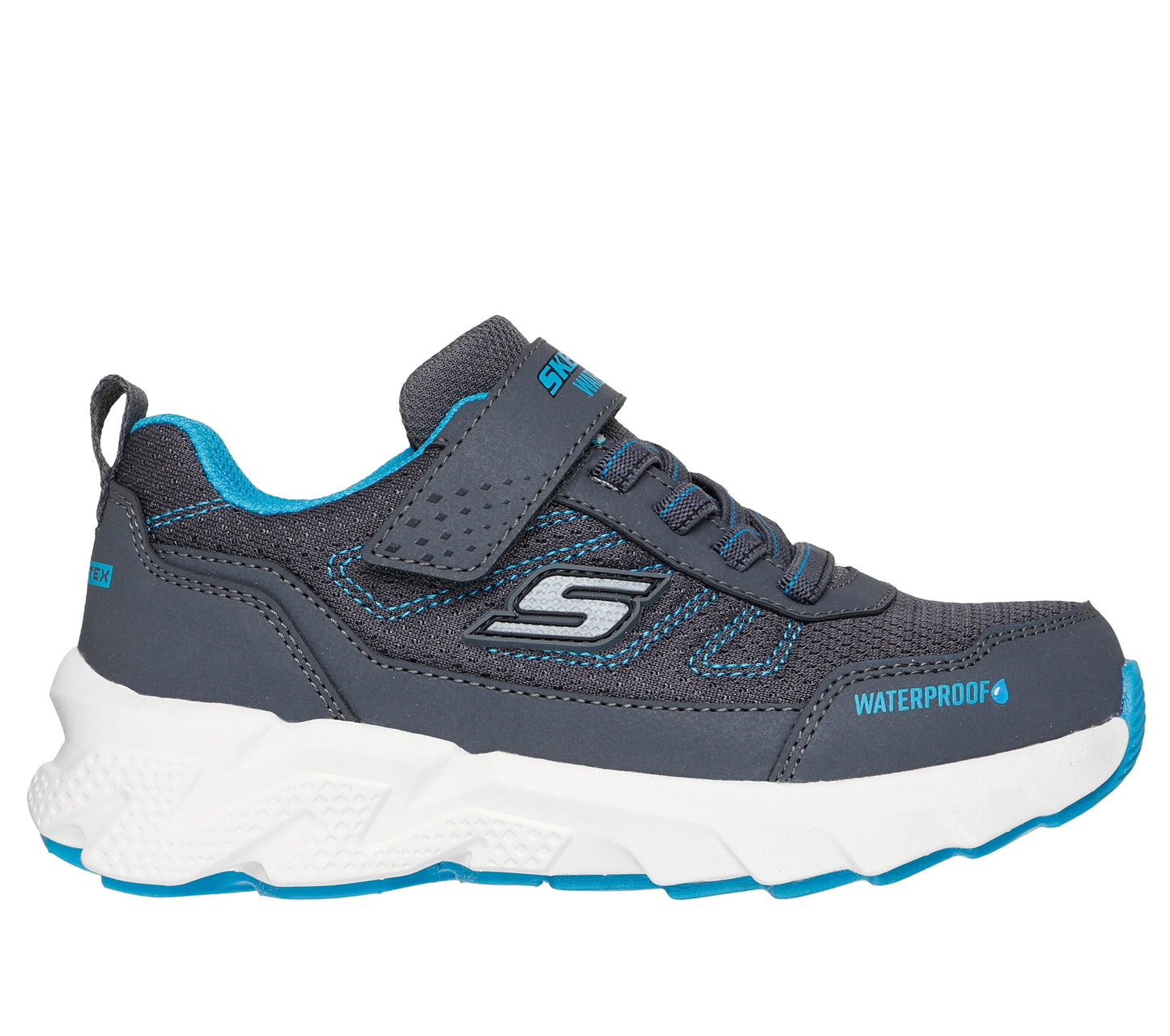 A boys waterproof trainer by Skechers, style Elite Sport Tread Aquavek 406334L in gray and blue with velcro fastening. Right side view.
