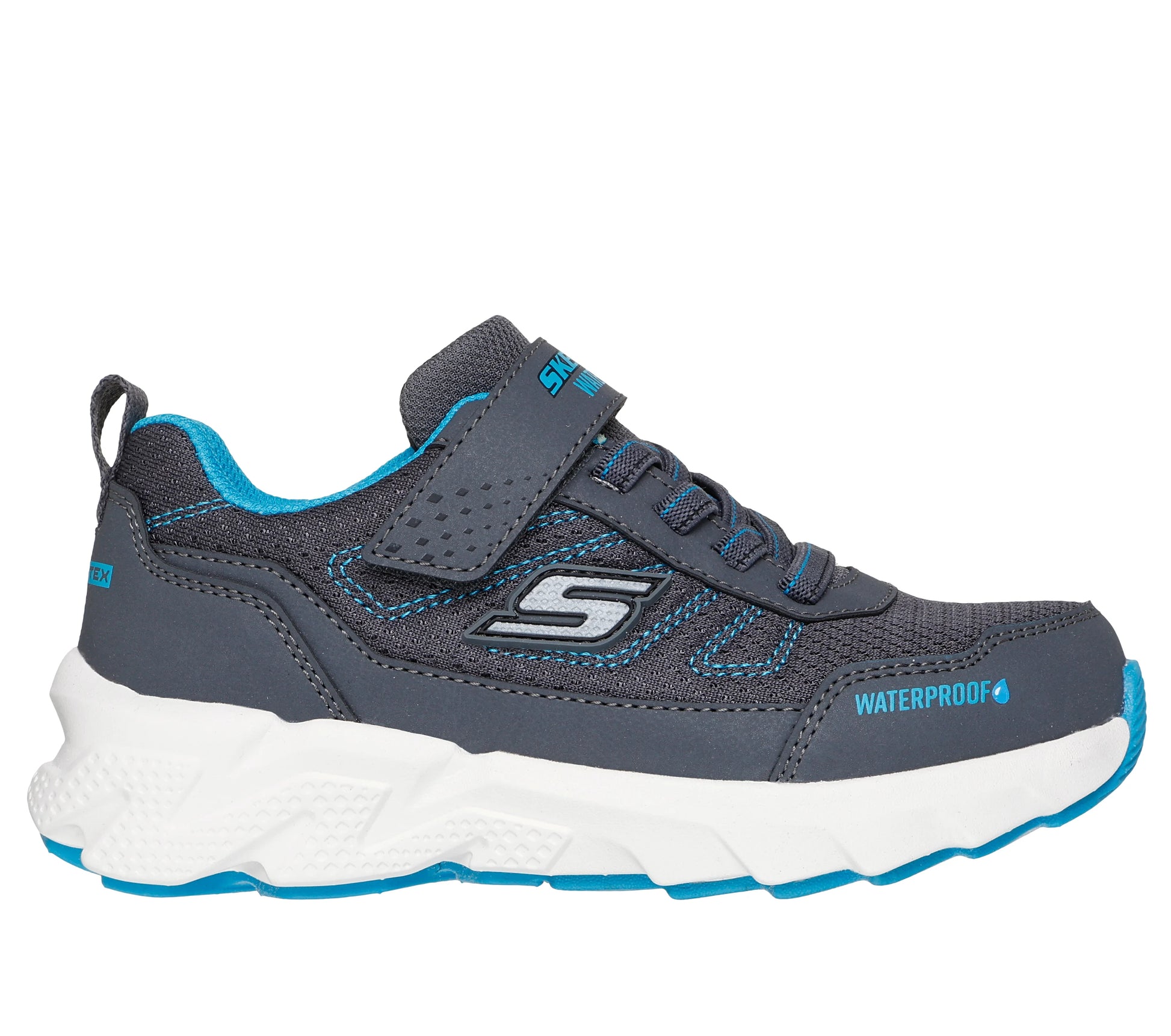 A boys waterproof trainer by Skechers, style Elite Sport Tread Aquavek 406334L in gray and blue with velcro fastening. Right side view.