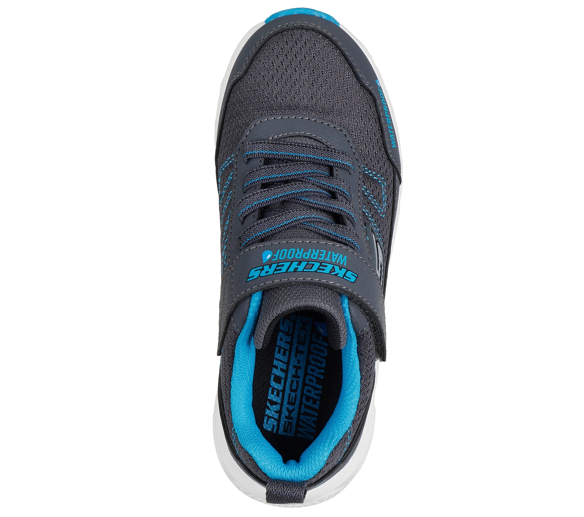 A boys waterproof trainer by Skechers, style Elite Sport Tread Aquavek 406334L in gray and blue with velcro fastening. Above view.