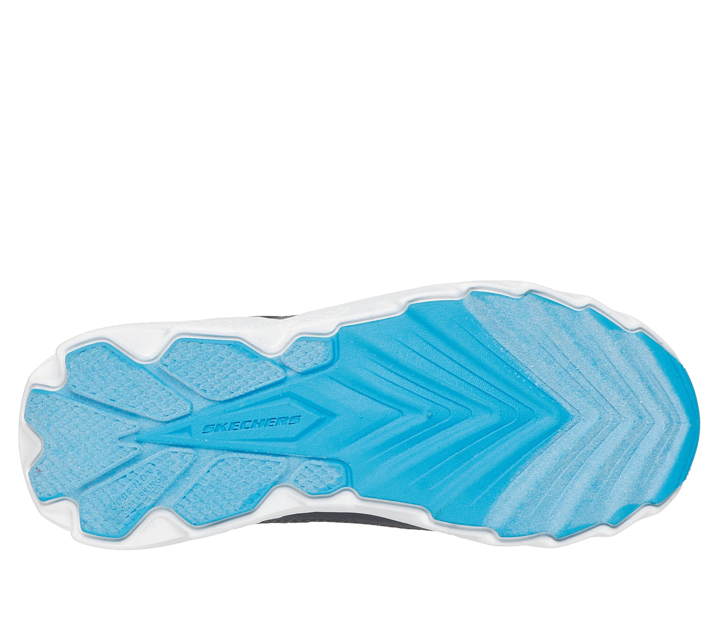 A boys waterproof trainer by Skechers, style Elite Sport Tread Aquavek 406334L in gray and blue with velcro fastening. View of turquoise sole.