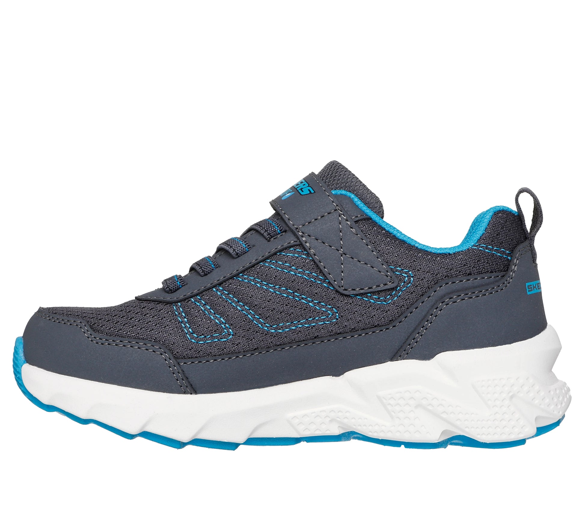 A boys waterproof trainer by Skechers, style Elite Sport Tread Aquavek 406334L in gray and blue with velcro fastening. Left side view.