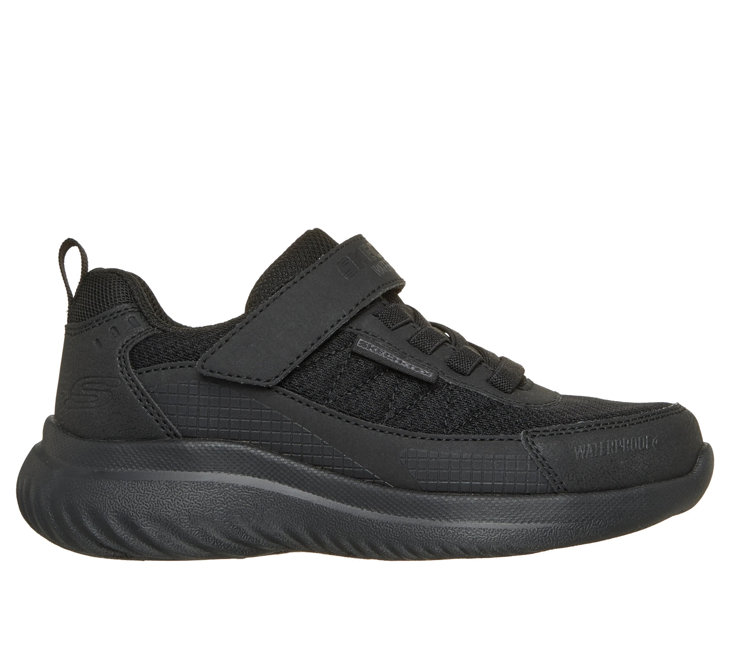 A school trainer by Skechers, style Bounder 2.0 Aqua Pace in black with elastic laces and a velcro strap. Right side view