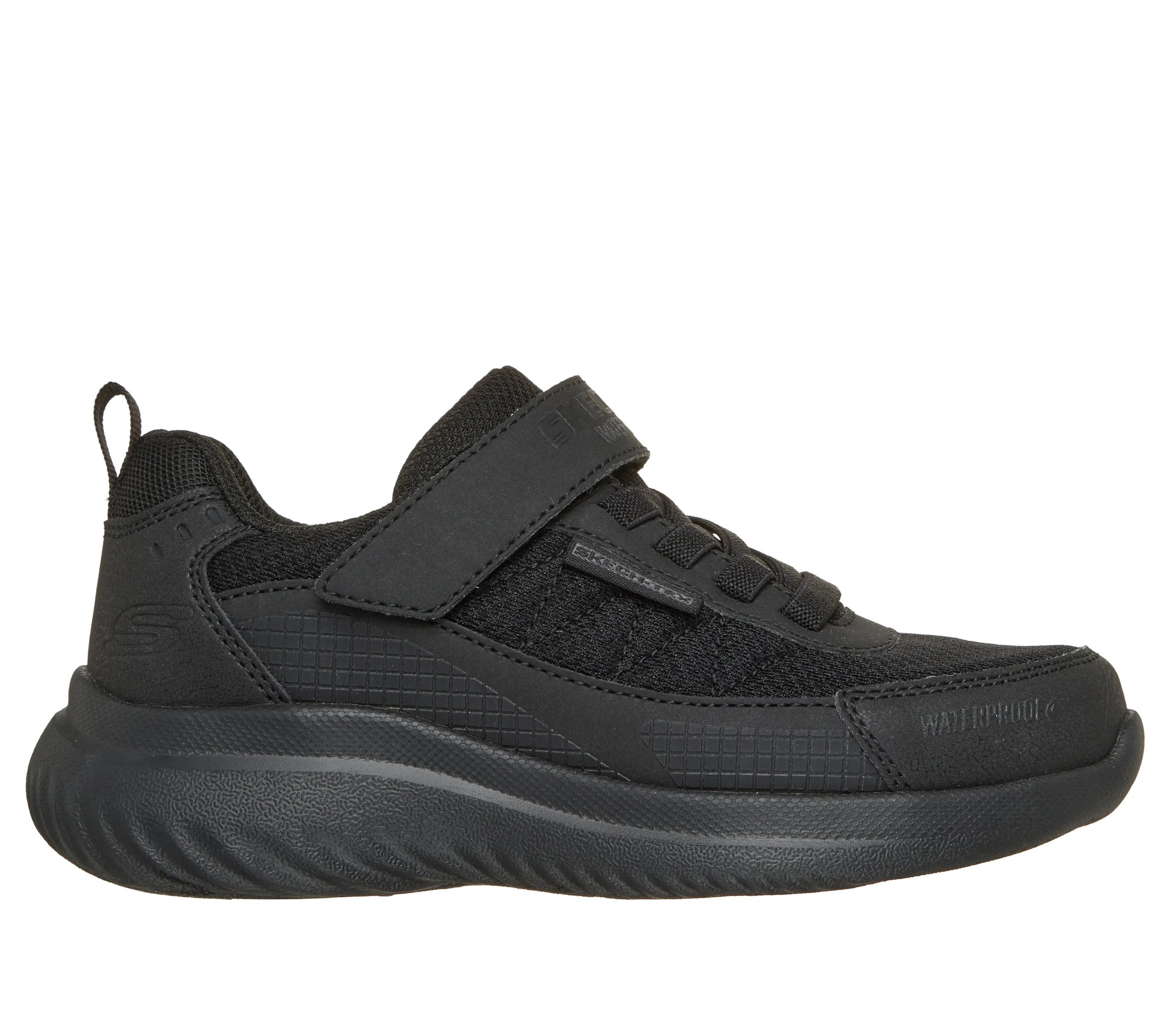 A school trainer by Skechers, style Bounder 2.0 Aqua Pace in black with elastic laces and a velcro strap. Right side view