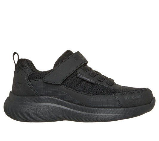 A school trainer by Skechers, style Bounder 2.0 Aqua Pace in black with elastic laces and a velcro strap. Right side view