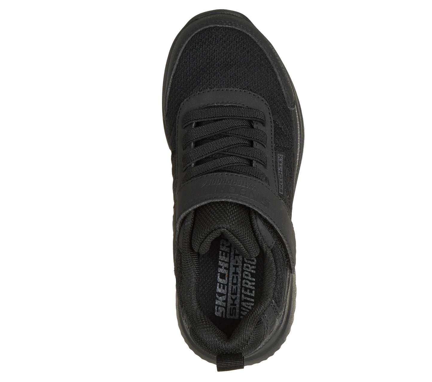 A school trainer by Skechers, style Bounder 2.0 Aqua Pace in black with elastic laces and a velcro strap. Top view