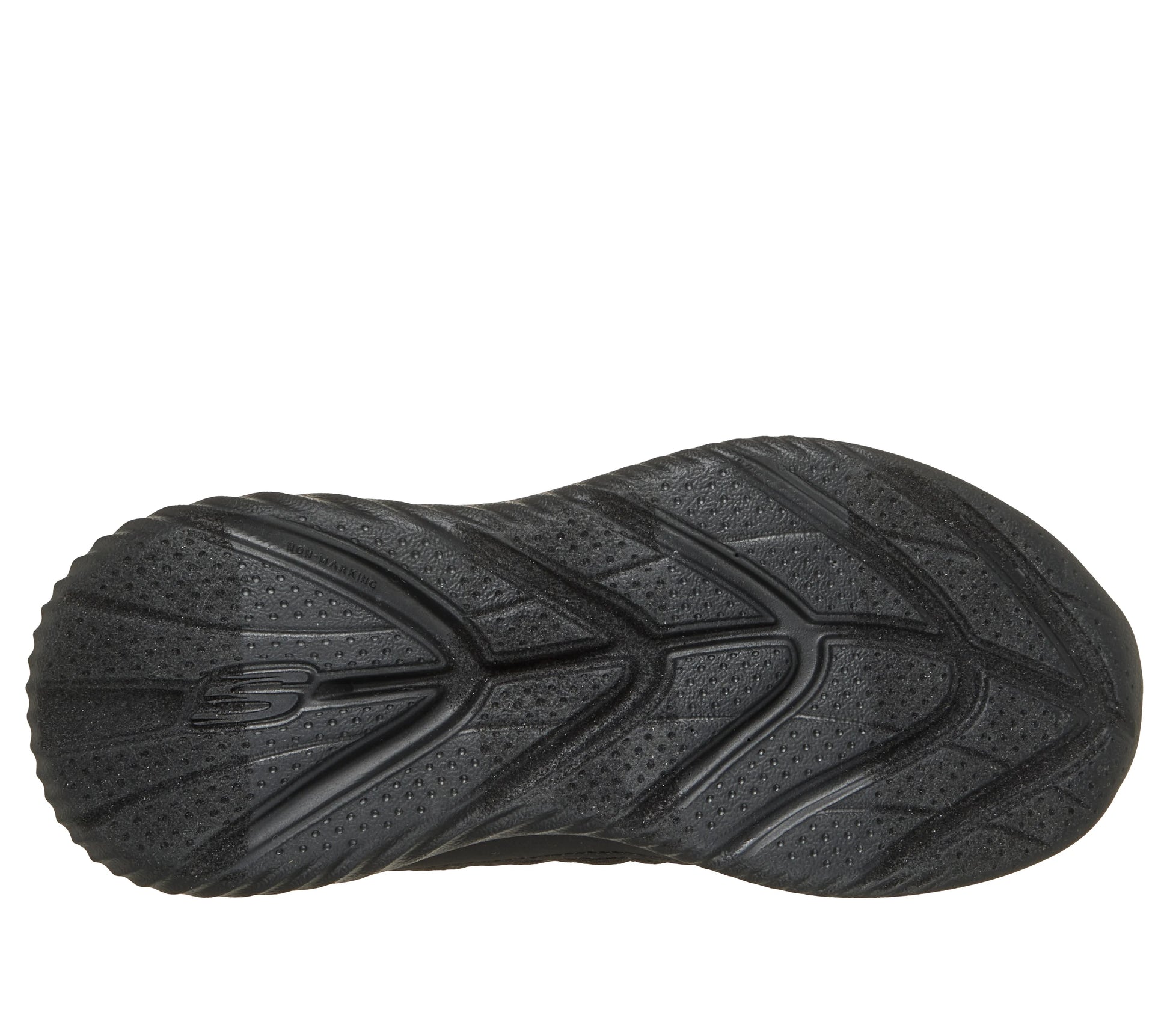 A school trainer by Skechers, style Bounder 2.0 Aqua Pace in black with elastic laces and a velcro strap. View of sole
