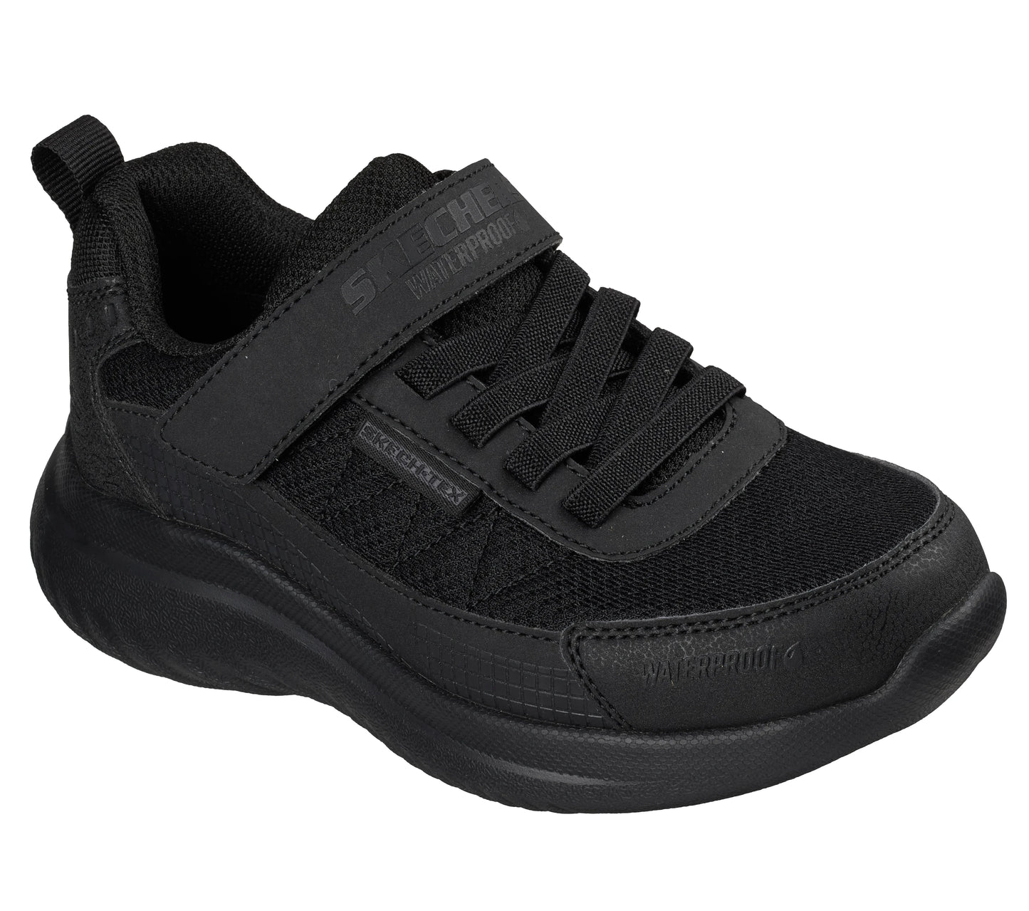 A school trainer by Skechers, style Bounder 2.0 Aqua Pace in black with elastic laces and a velcro strap. Angled side view