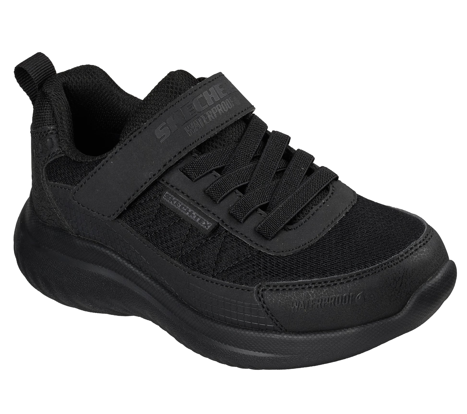 A school trainer by Skechers, style Bounder 2.0 Aqua Pace in black with elastic laces and a velcro strap. Angled side view
