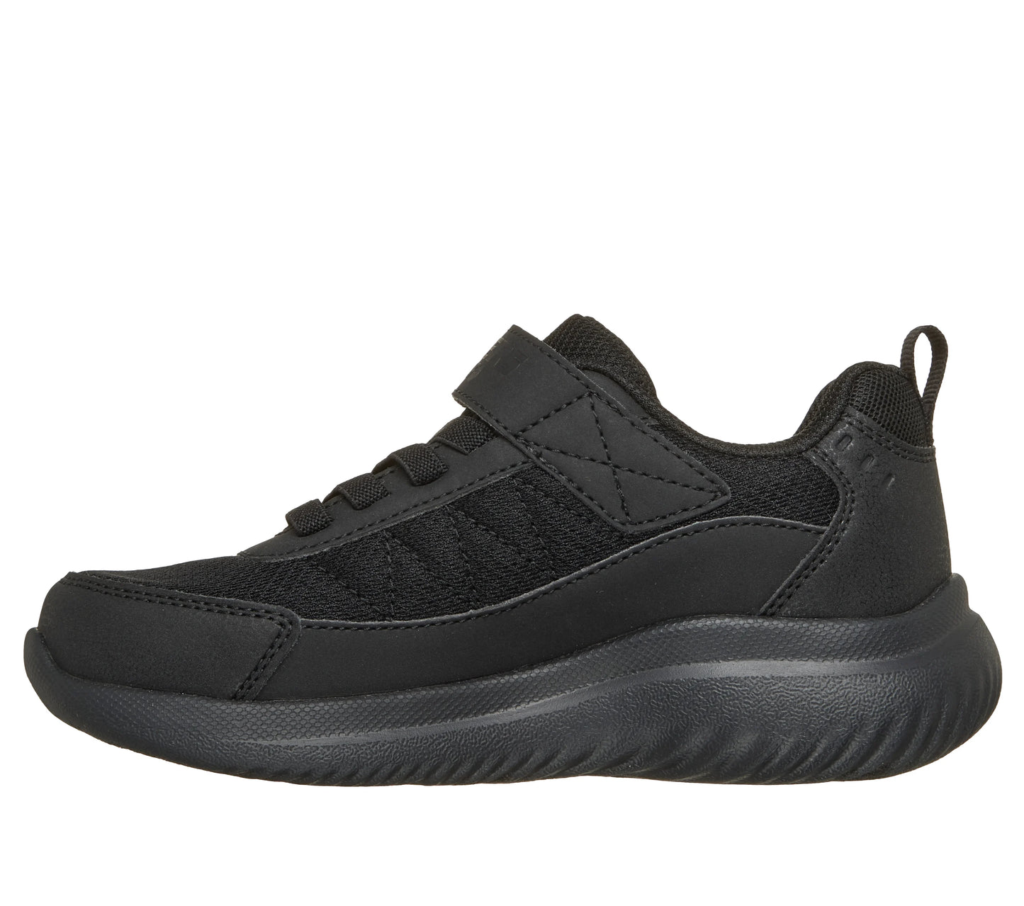 A school trainer by Skechers, style Bounder 2.0 Aqua Pace in black with elastic laces and a velcro strap. Inner right side view