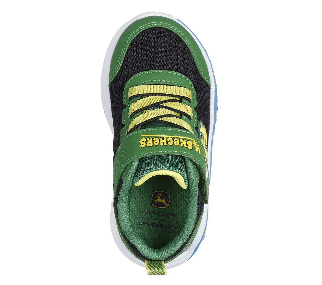 A girls trainer by Skechers, style Play Scene Barn Squad, in green and black set on blue sole with farm yard  motifs. Velcro and elastic lace fastening. View from above.