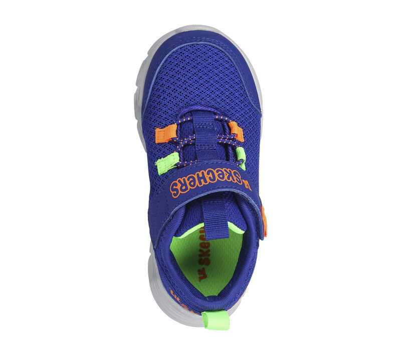 A unisex trainer by Skechers, style Comfy Flex Ruzo, in Blue with Lime and Orange trim and stretch lace and velcro fastening