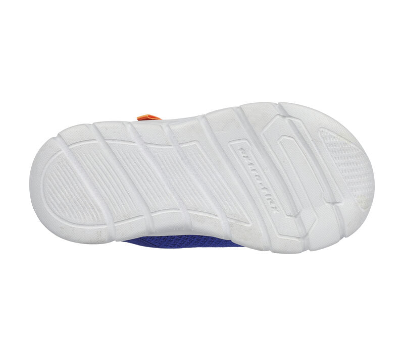 A unisex trainer by Skechers, style Comfy Flex Ruzo, in Blue with Lime and Orange trim and stretch lace and velcro fastening. View of white sole.