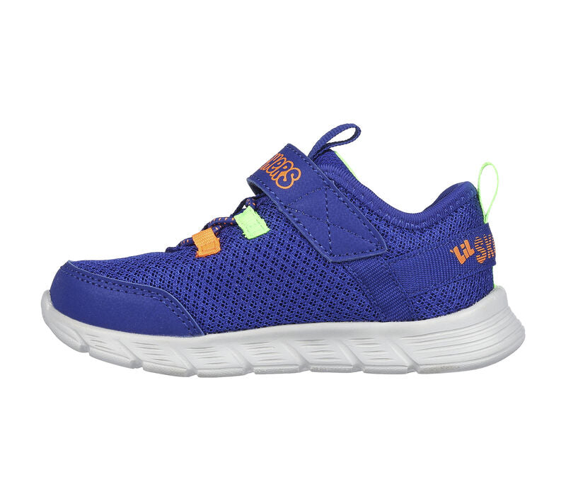 A unisex trainer by Skechers, style Comfy Flex Ruzo, in Blue with Lime and Orange trim and stretch lace and velcro fastening. Left side view.