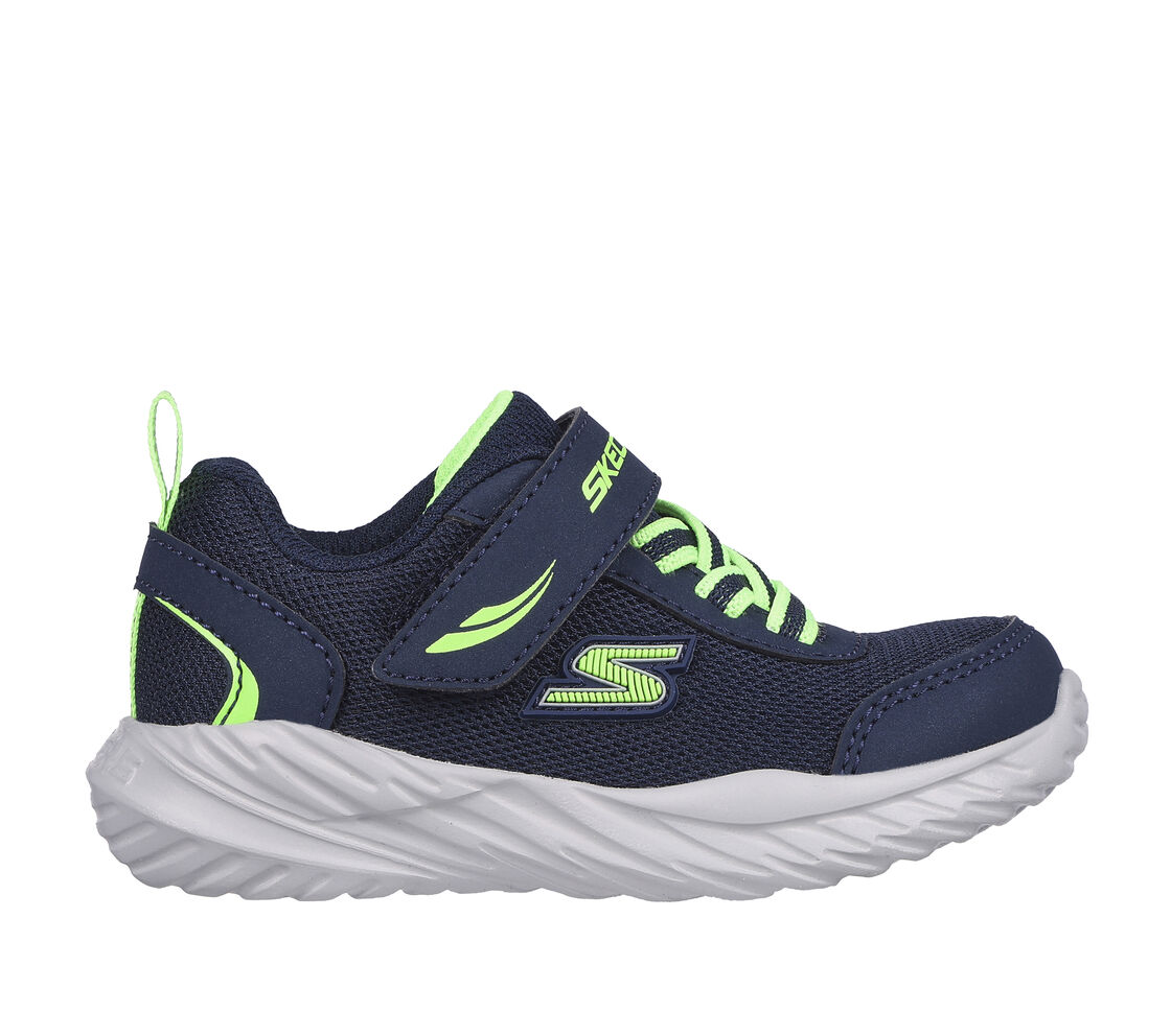 A boys trainer by Skechers, style Nitro Sprint Rowzer, in navy and lime synthetic with bungee lace and velcro fastening. Right side view.
