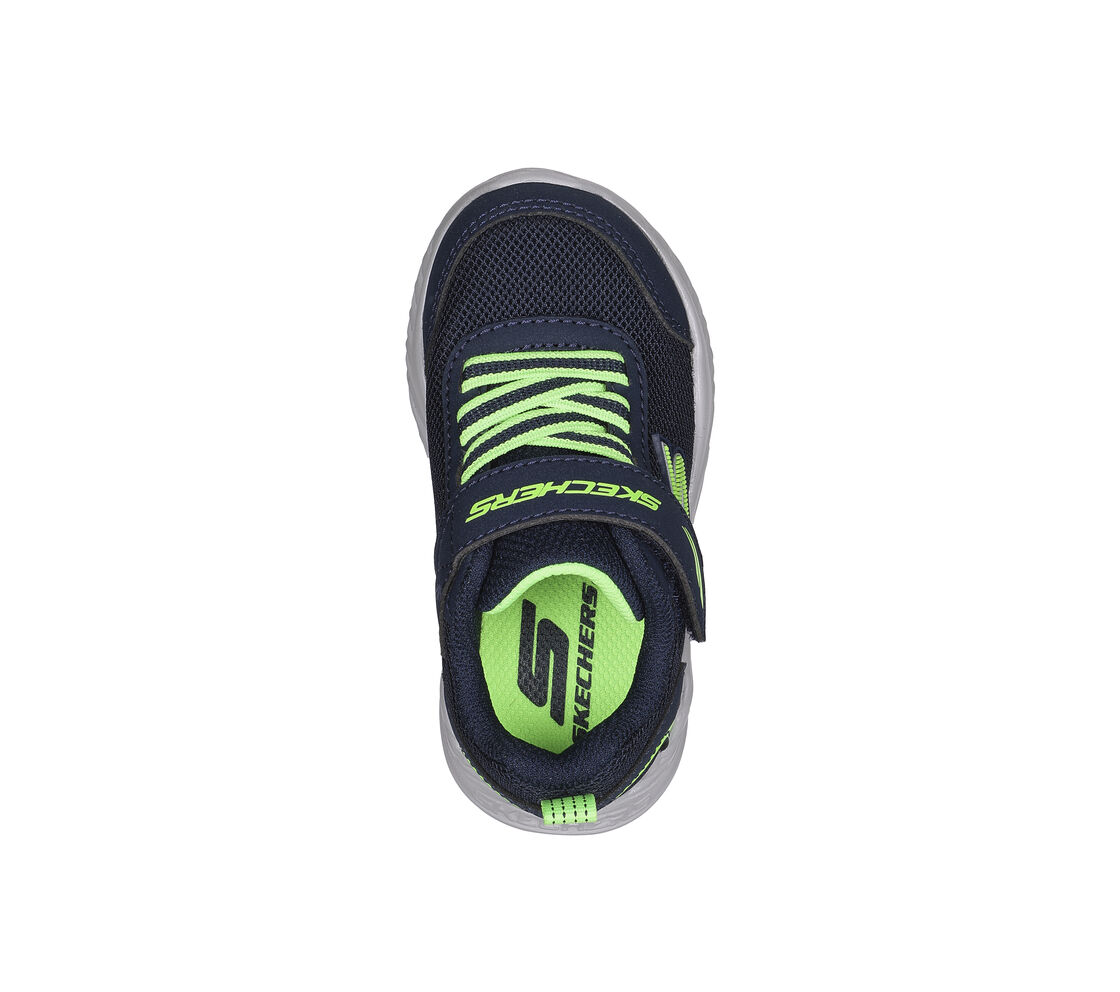 A boys trainer by Skechers, style Nitro Sprint Rowzer, in navy and lime synthetic with bungee lace and velcro fastening. Above view.