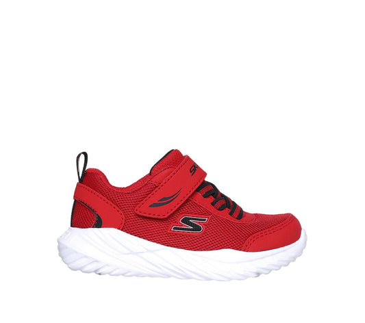 A boys trainer by Skechers, style Nitro Sprint Rowzer, in red and black synthetic with bungee lace and velcro fastening. Right side view.