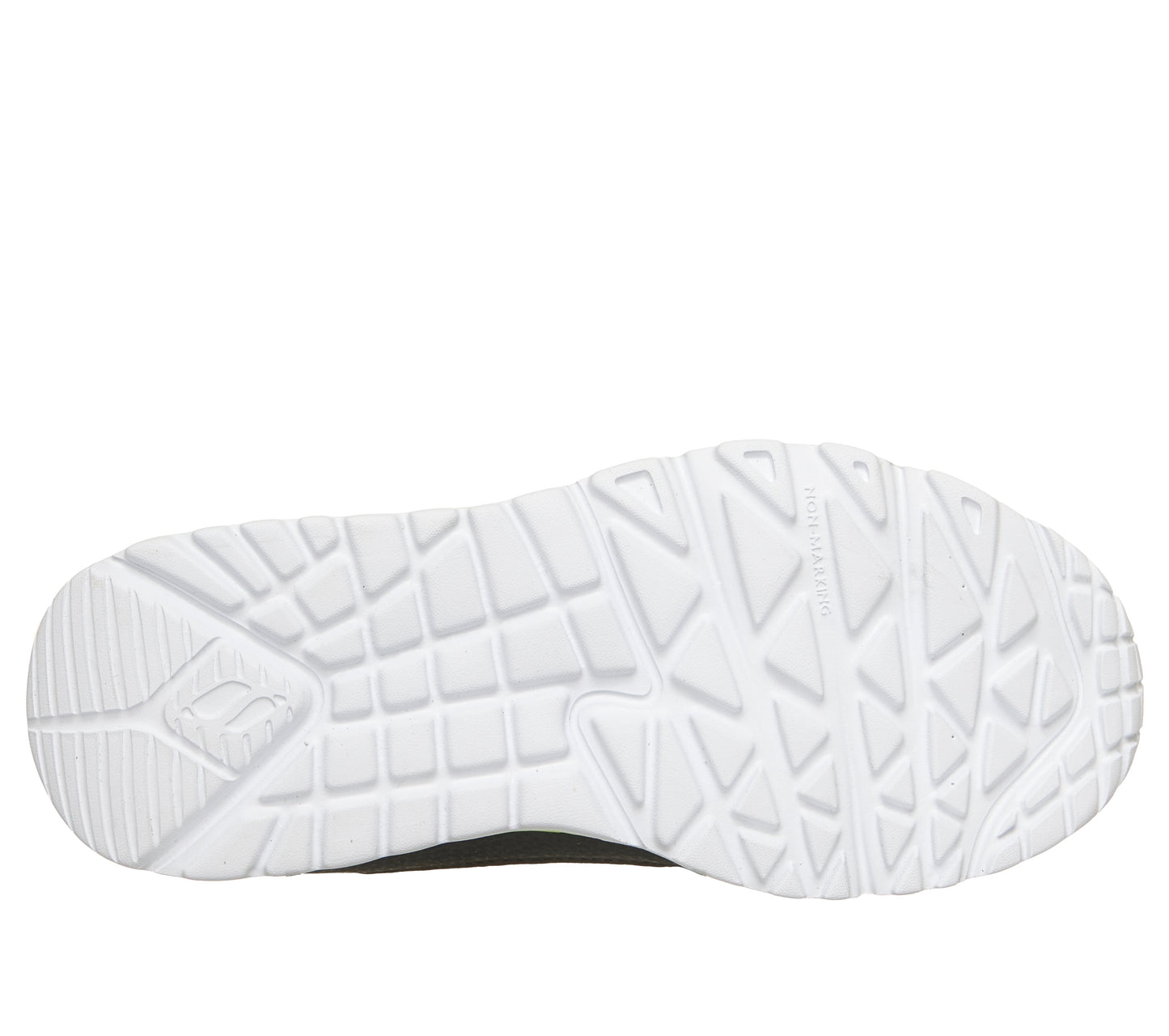 A boys trainer by Skechers, style Uno Lite Revival Edge in grey/lime  with velcro strap and elastic laces, Skechers logo on the side and white sole. View of sole