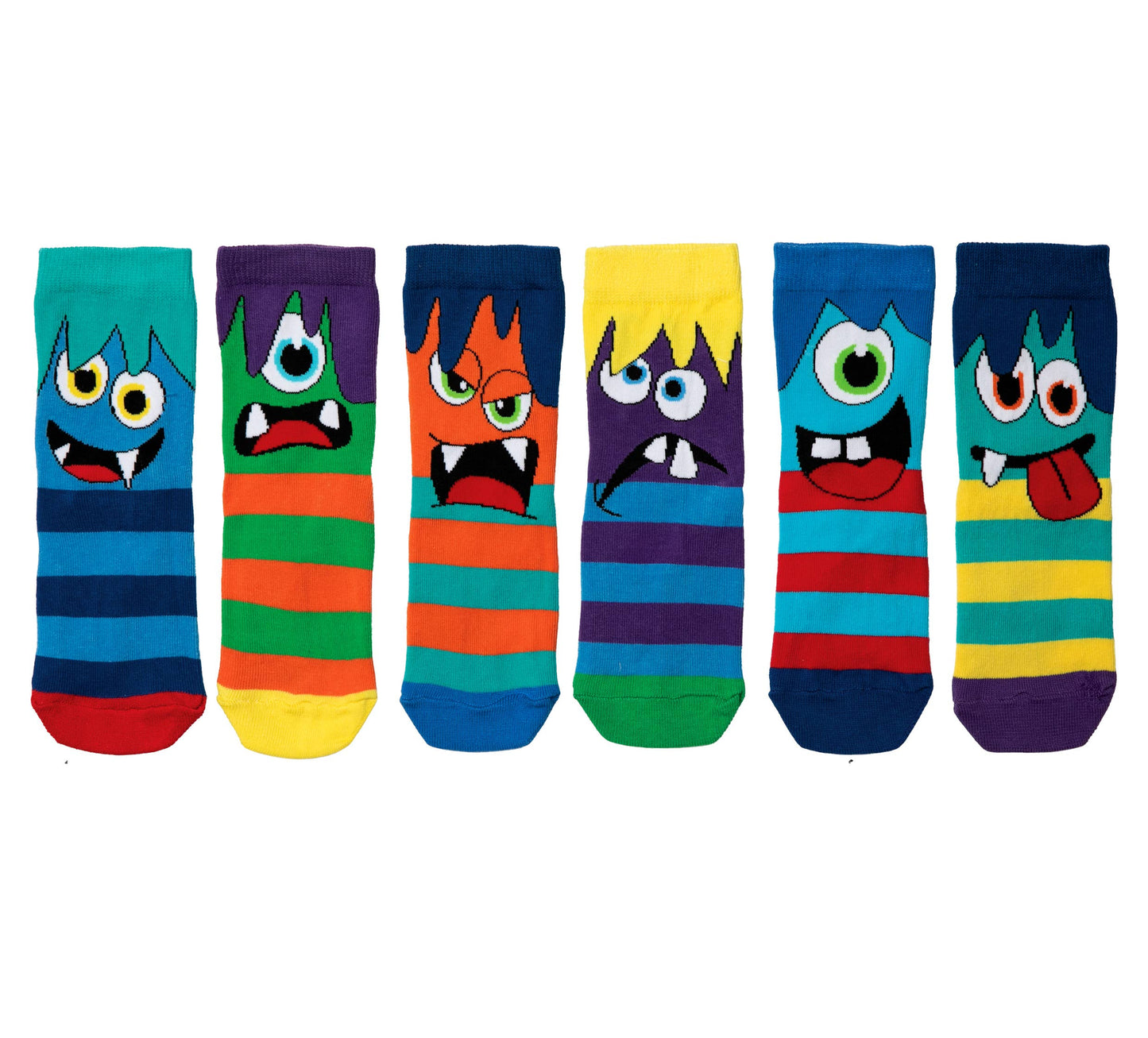 3 pairs of non matching multicoloured monster print socks by Odd Socks, style Mini Mashers. Front view.