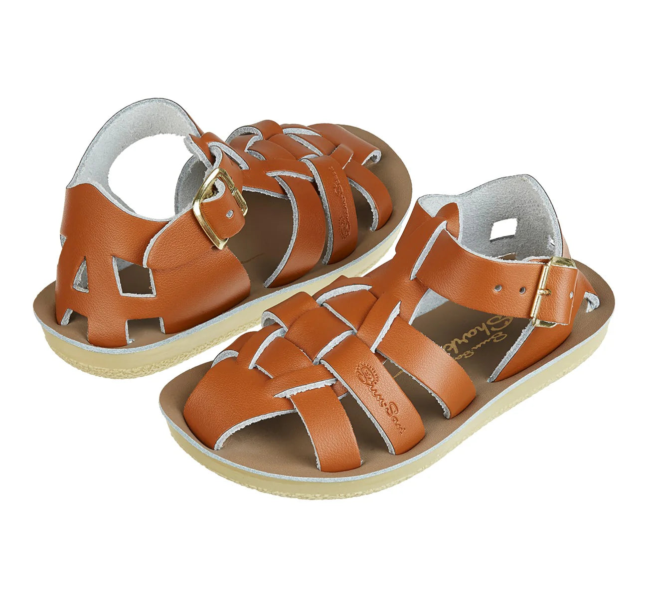A unisex sandal by Saltwater, style Shark in tan with buckle strap. View of pair