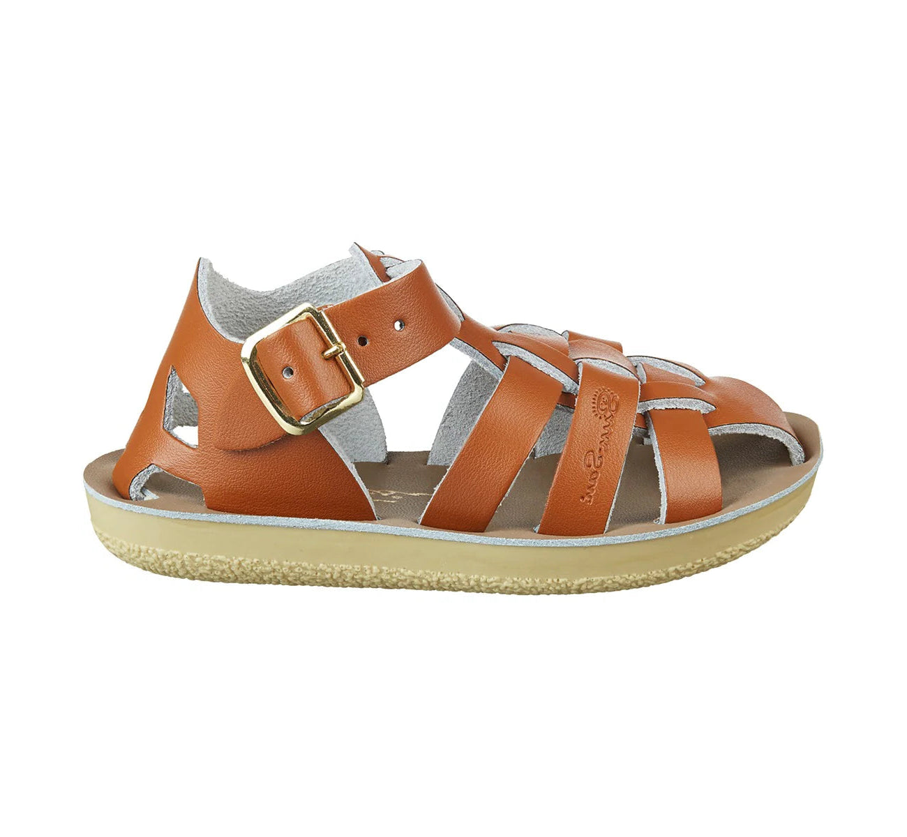 A unisex sandal by Saltwater, style Shark in tan with buckle strap. Right side view