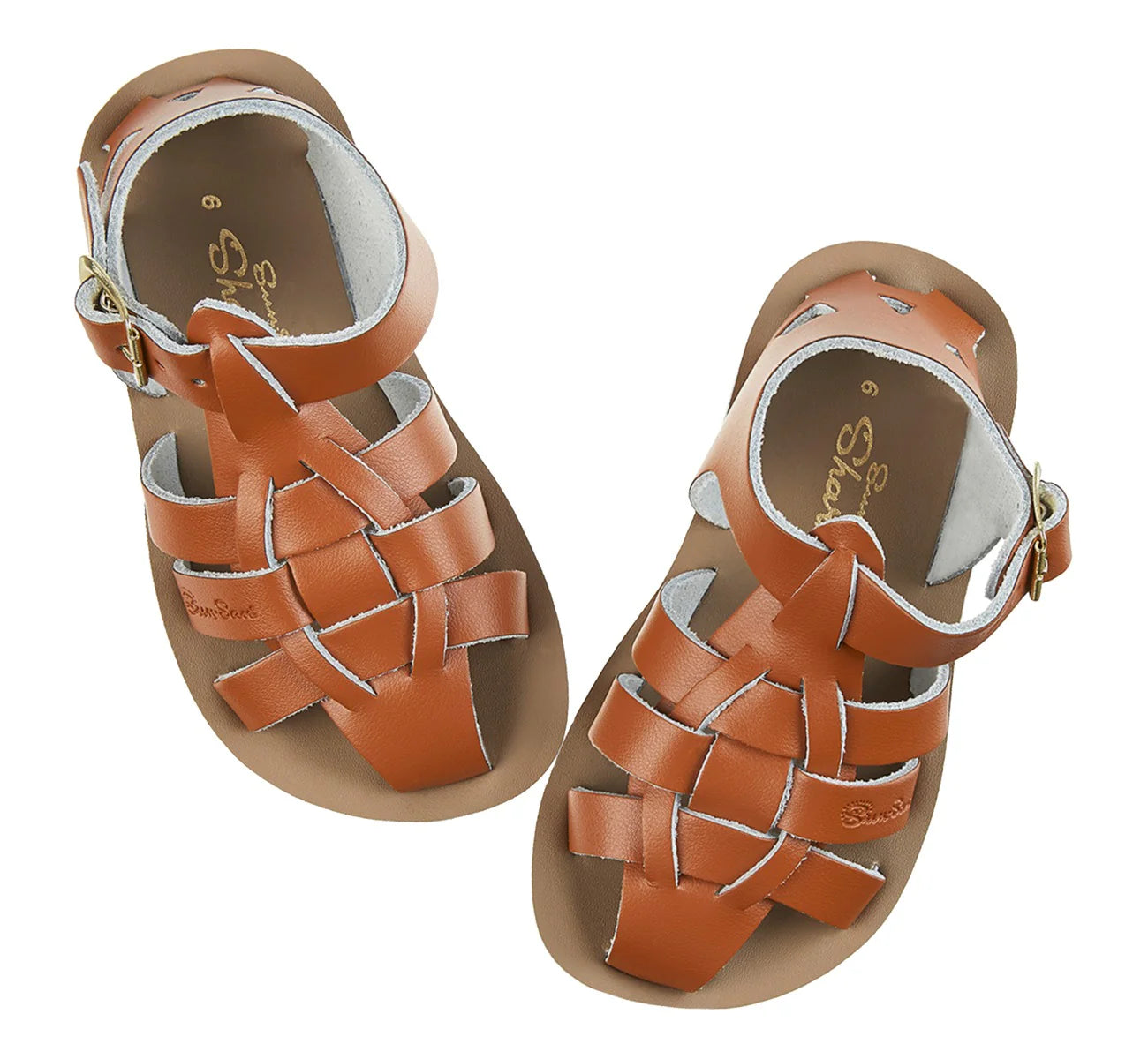 A unisex sandal by Saltwater, style Shark in tan with buckle strap. Top view of pair