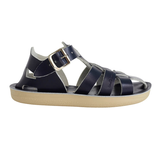 A unisex shark style sandal by Salt Water Sandals in navy with  buckle fastening around the ankle. Closed Toe and caged back with woven detail across the instep. Right Side view.