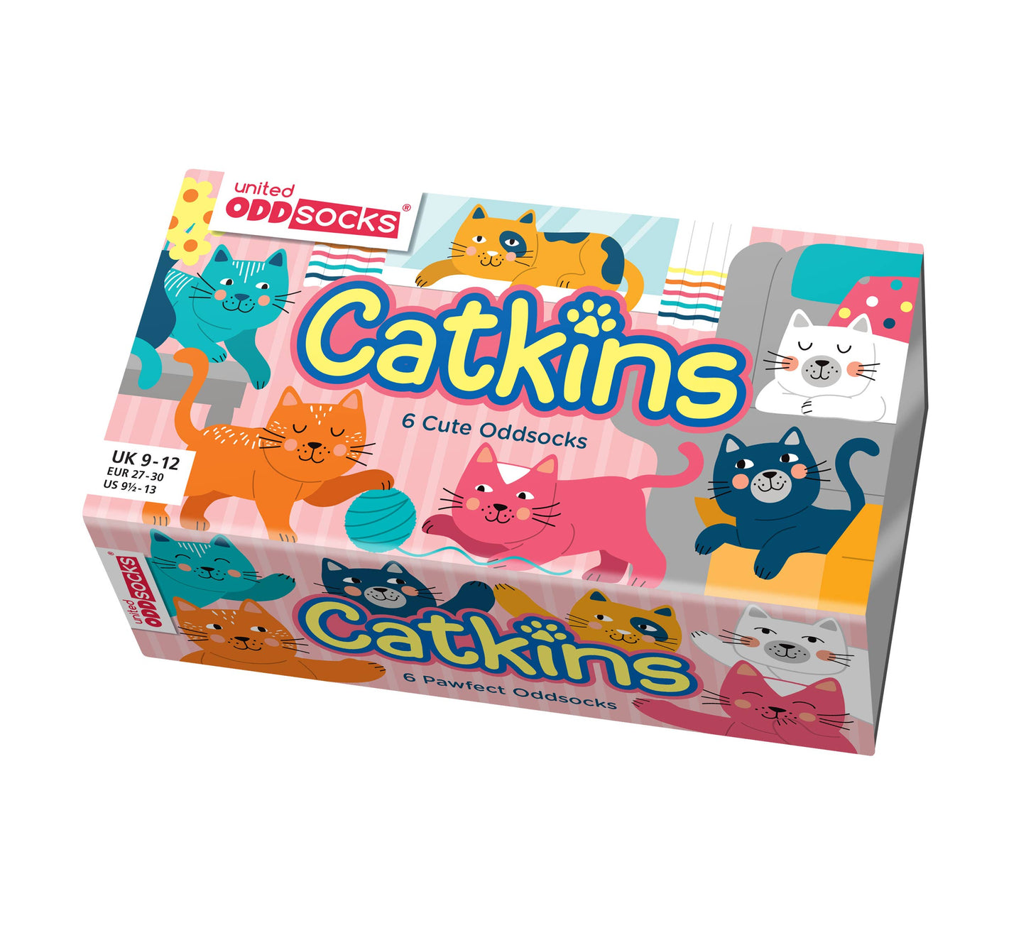 Catkins gift box showing multicoloured cats playing with a ball of wool. Angled front view.