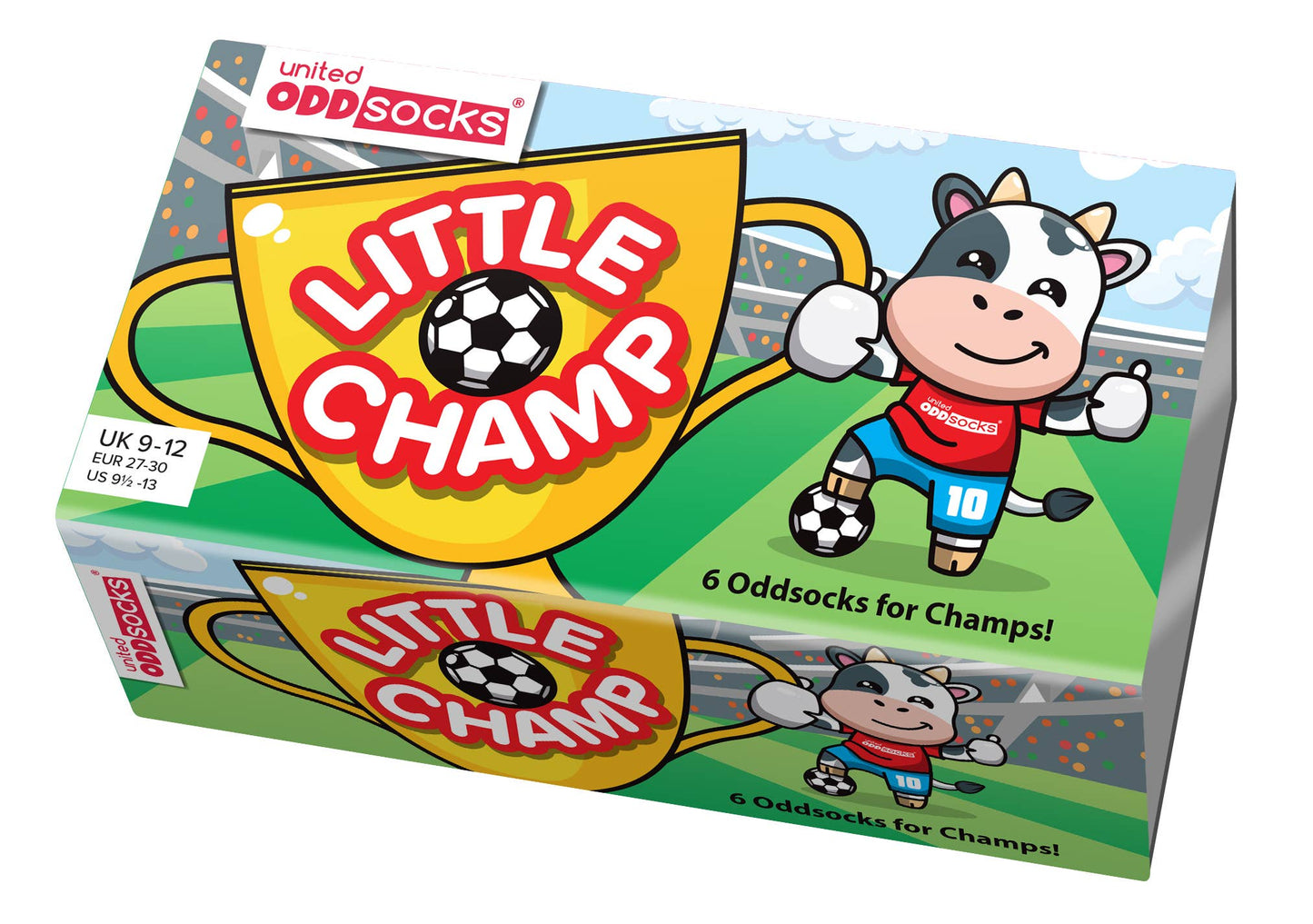 Little Champ multicoloured socks gift box, showing cow on a football pitch and a large yellow football trophy. Angled front view.
