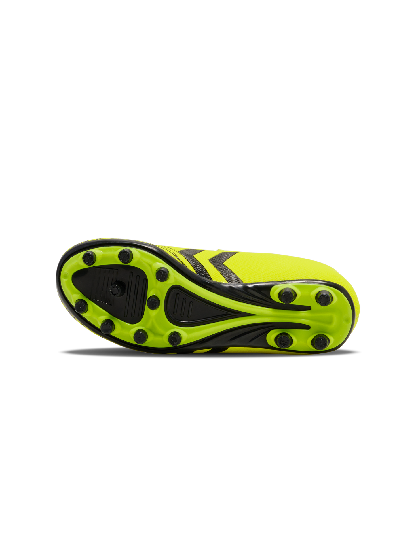 A firm ground football boot by Hummel, style Top Star F.G 2165658-5998 , in yellow with velcro fastening. View of sole.