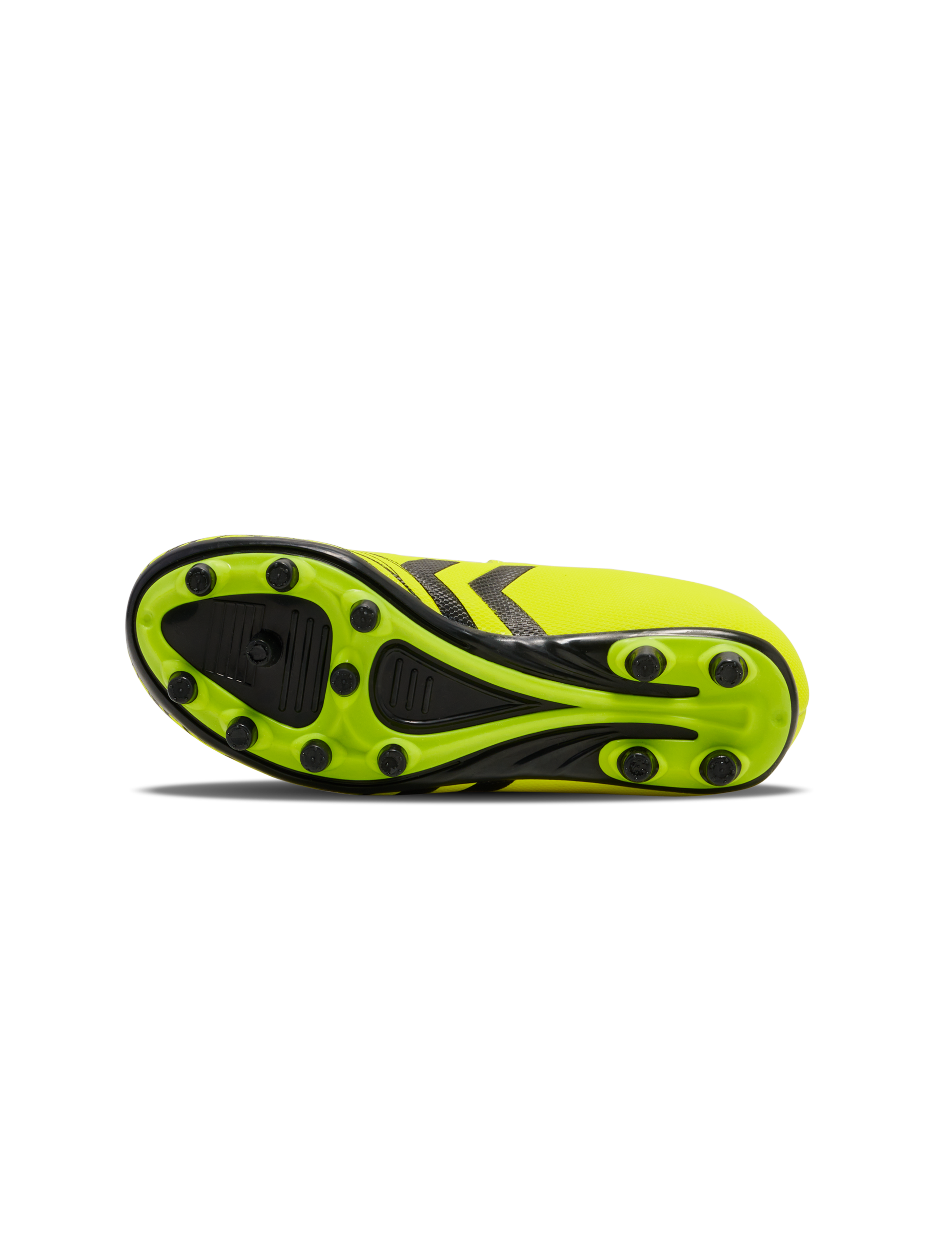 A firm ground football boot by Hummel, style Top Star F.G 2165658-5998 , in yellow with velcro fastening. View of sole.