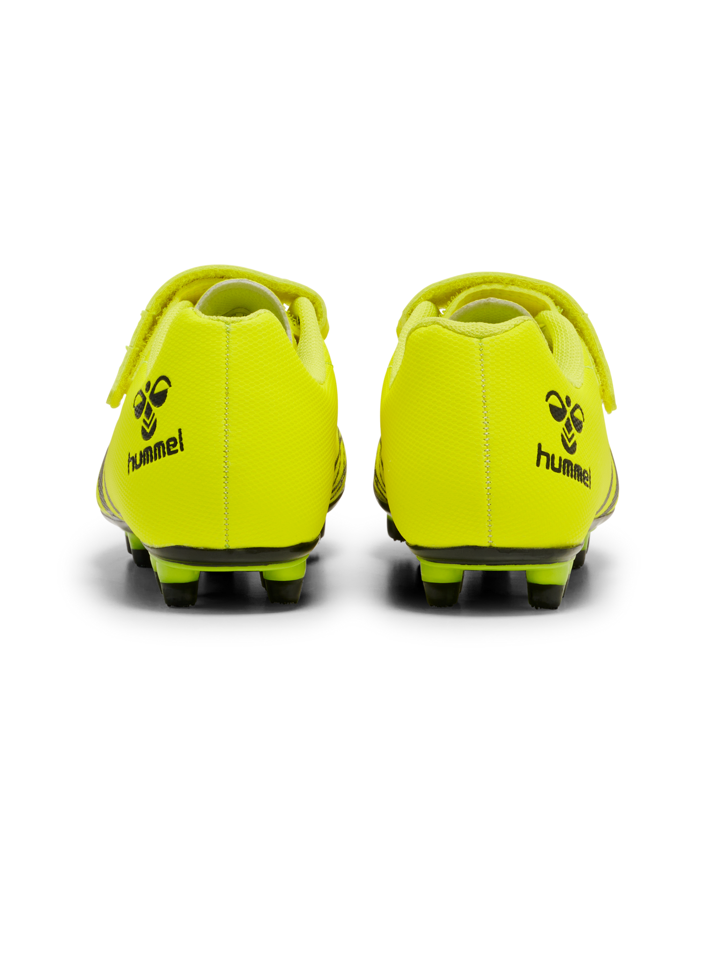 A firm ground football boot by Hummel, style Top Star F.G 2165658-5998 , in yellow with velcro fastening. Back view of a pair.