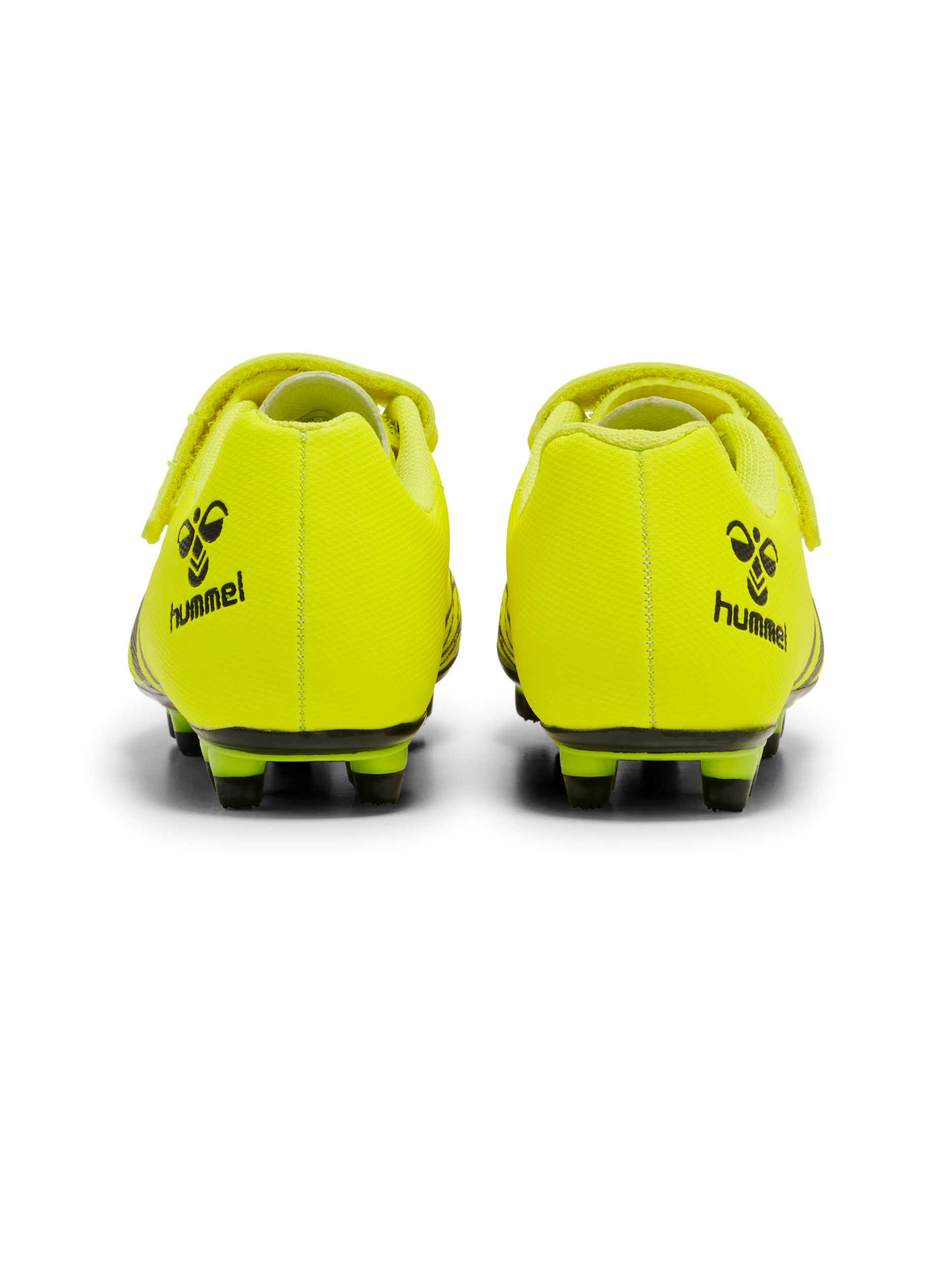 A firm ground football boot by Hummel, style Top Star F.G 2165658-5998 , in yellow with velcro fastening. Back view of a pair.