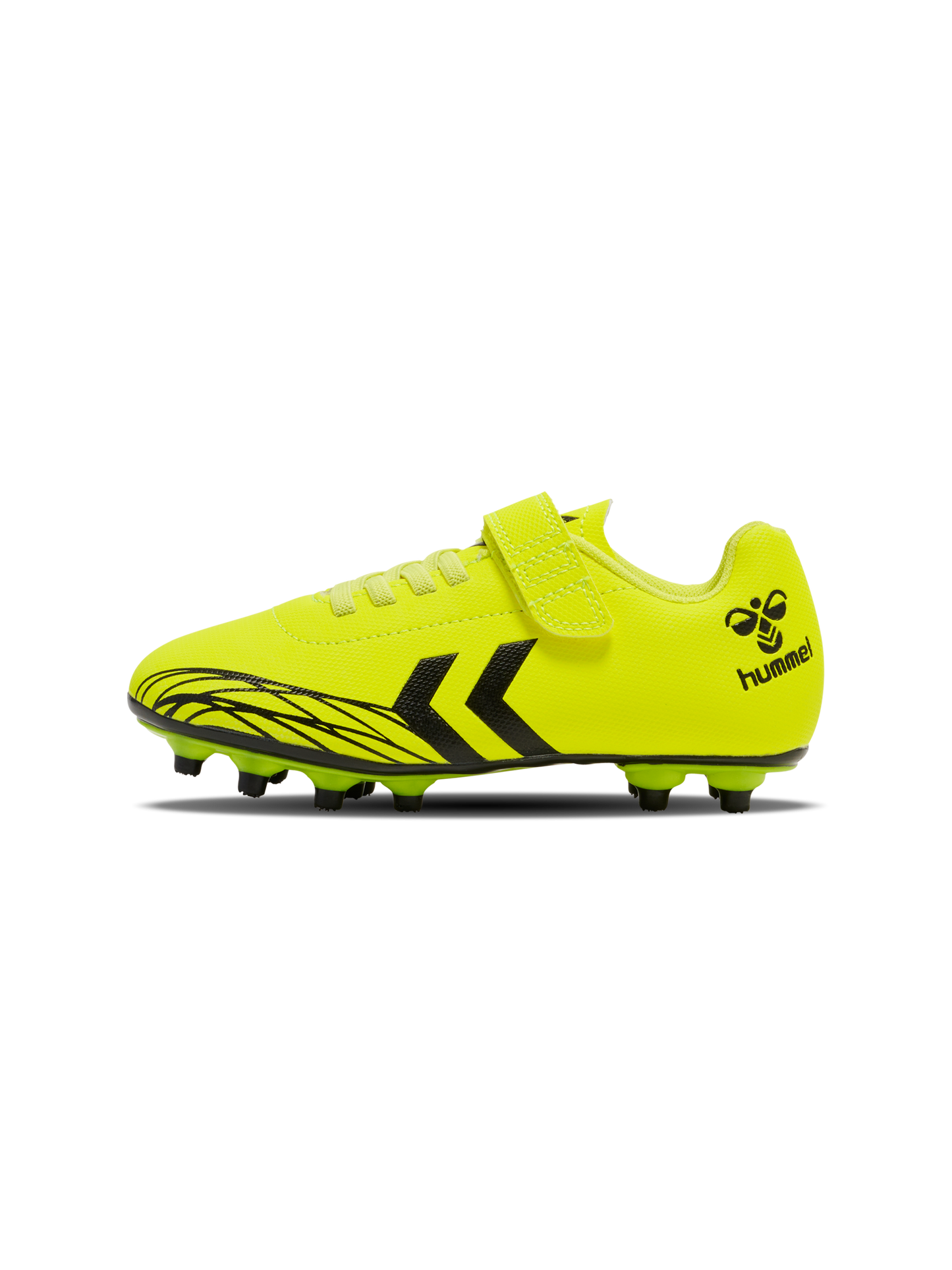 A firm ground football boot by Hummel, style Top Star F.G 2165658-5998 , in yellow with velcro fastening. Right side view.