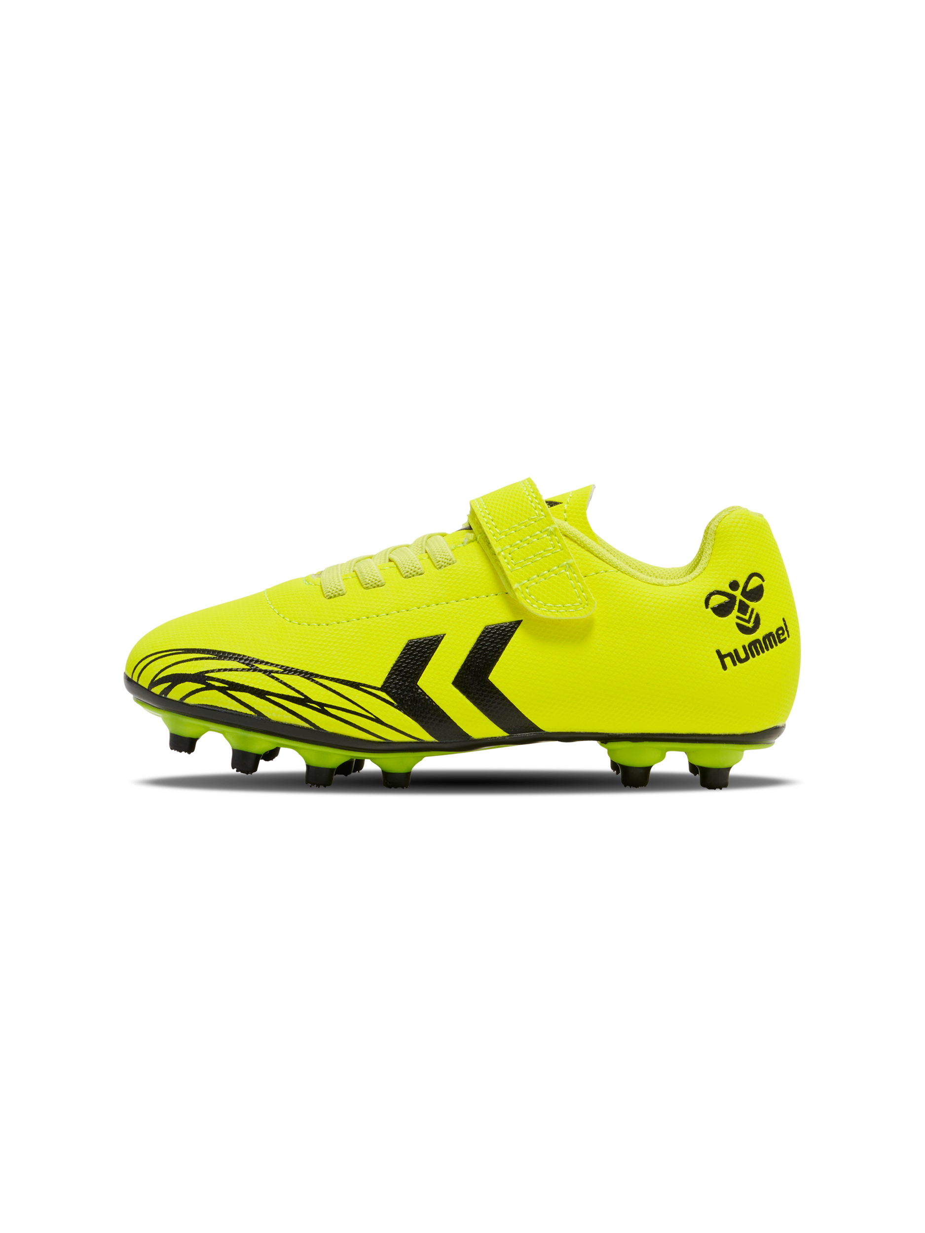 A firm ground football boot by Hummel, style Top Star F.G 2165658-5998 , in yellow with velcro fastening. Right side view.