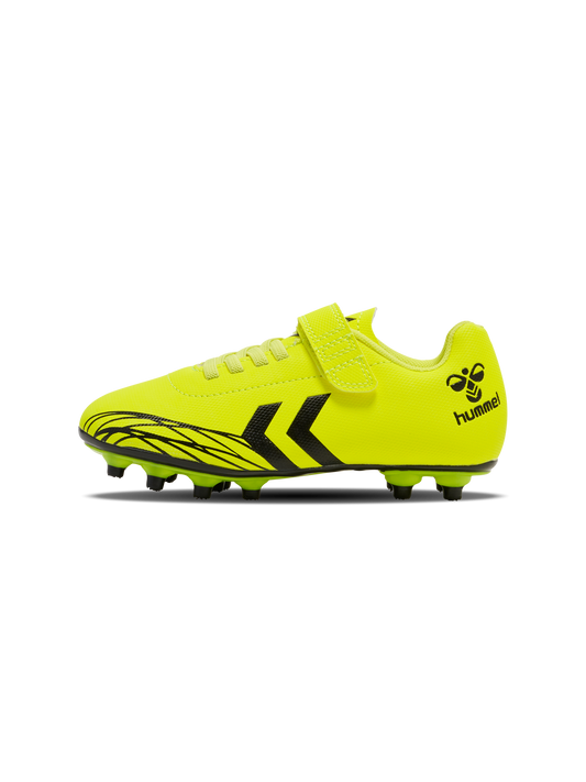 A firm ground football boot by Hummel, style Top Star F.G 2165658-5998 , in yellow with velcro fastening. Right side view.