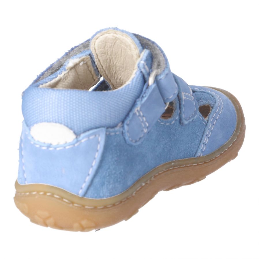 A unisex sandal by Ricosta, style Ebi in cloud blue with two velcro straps and toe and heel bumpers. Inner back view