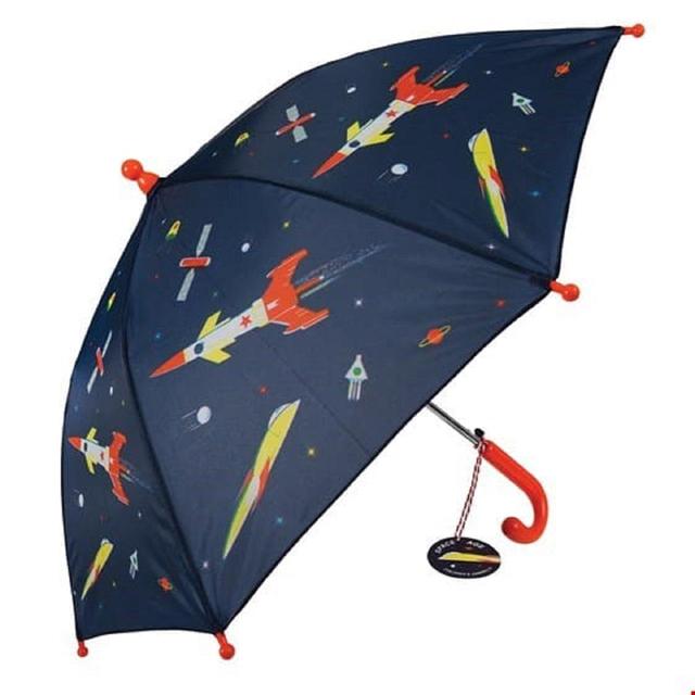 A childs umbrella by Rex London, style Space Age, in blue with multi rocket print and orange handle. Angled view of open umbrella.