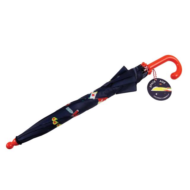 A childs umbrella by Rex London, style Space Age, in blue with multi rocket print and orange handle. Angled view of closed umbrella.