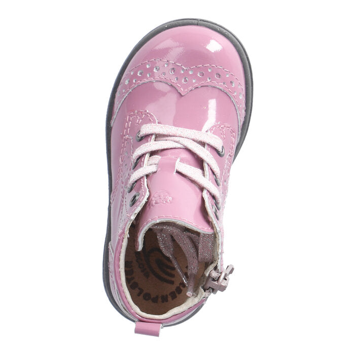A girls lace up boot by Ricosta, style Jemmy, in pink patent with brogue detailing and zip / lace fastening. Above view.