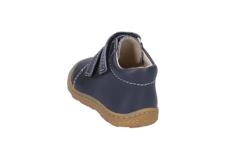 A boys ankle boot by Ricosta, style Chrisy, in navy, double velcro fastening with toe bumper. Rear angled view.