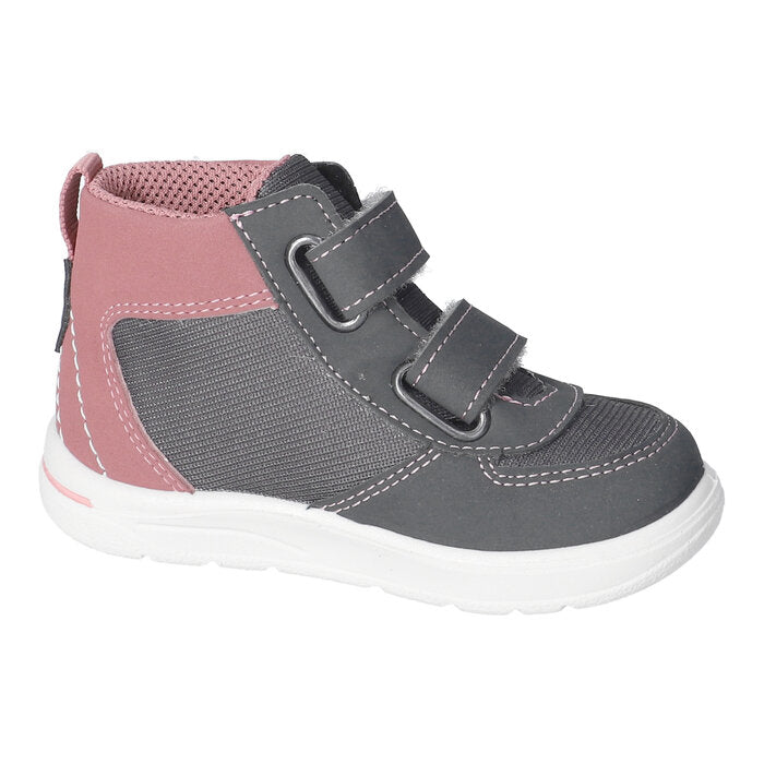 A girls waterproof boot by Ricosta, style Rory, in grey and pink with double velcro fastening. Left side view.